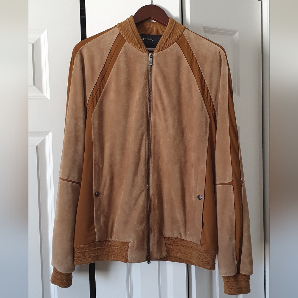 Zegna Men's Tan Suede/polyester Bomber Jacket